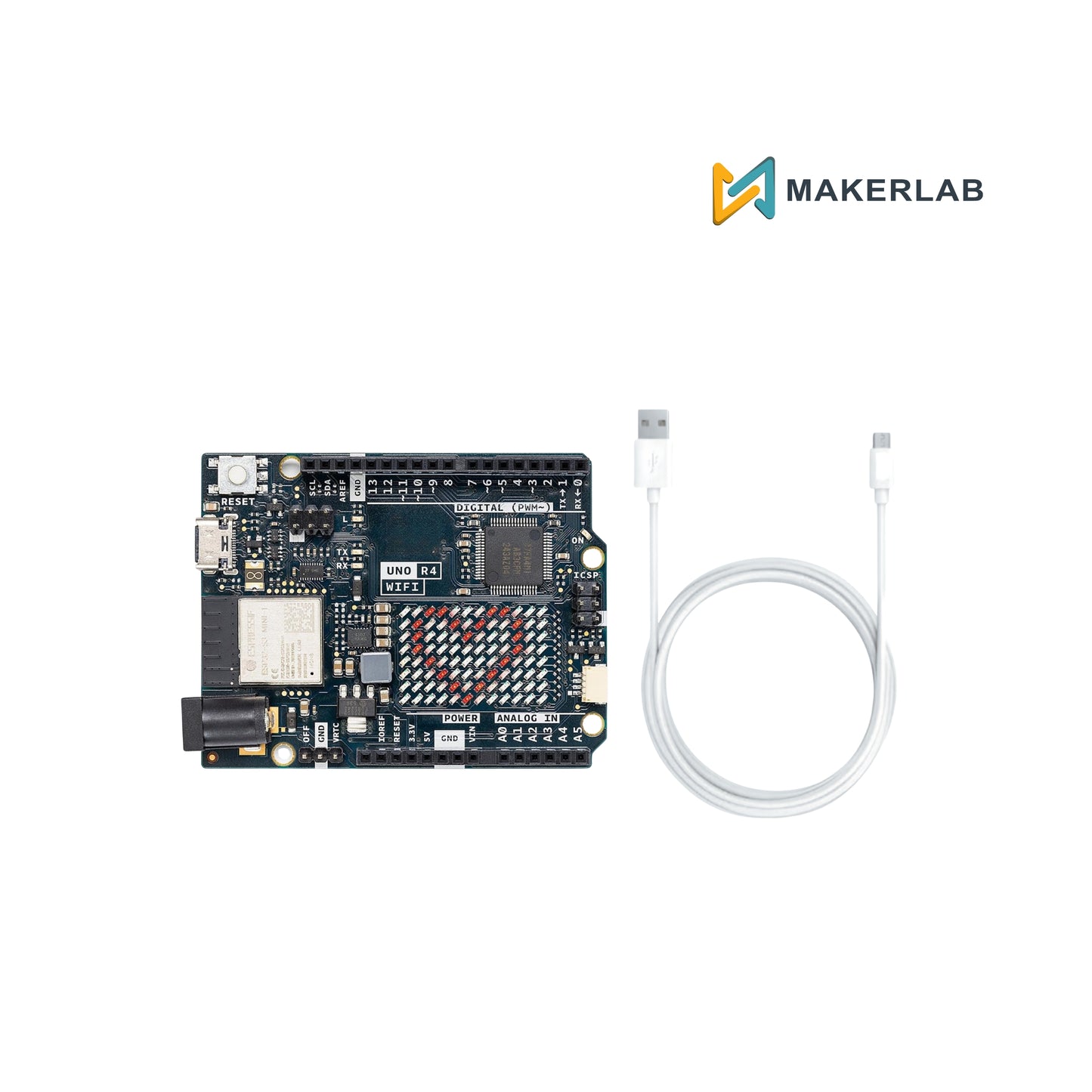 UNO R4 WiFi Board with Soldered Pins & 1m White USB-C Data Cable for Arduino