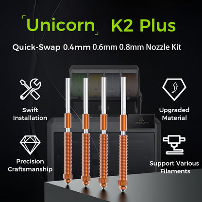 Creality Unicorn Quick-Swap 0.4mm 0.6mm 0.8mm Nozzle Kit for K2 Plus, Hi 3D Printer