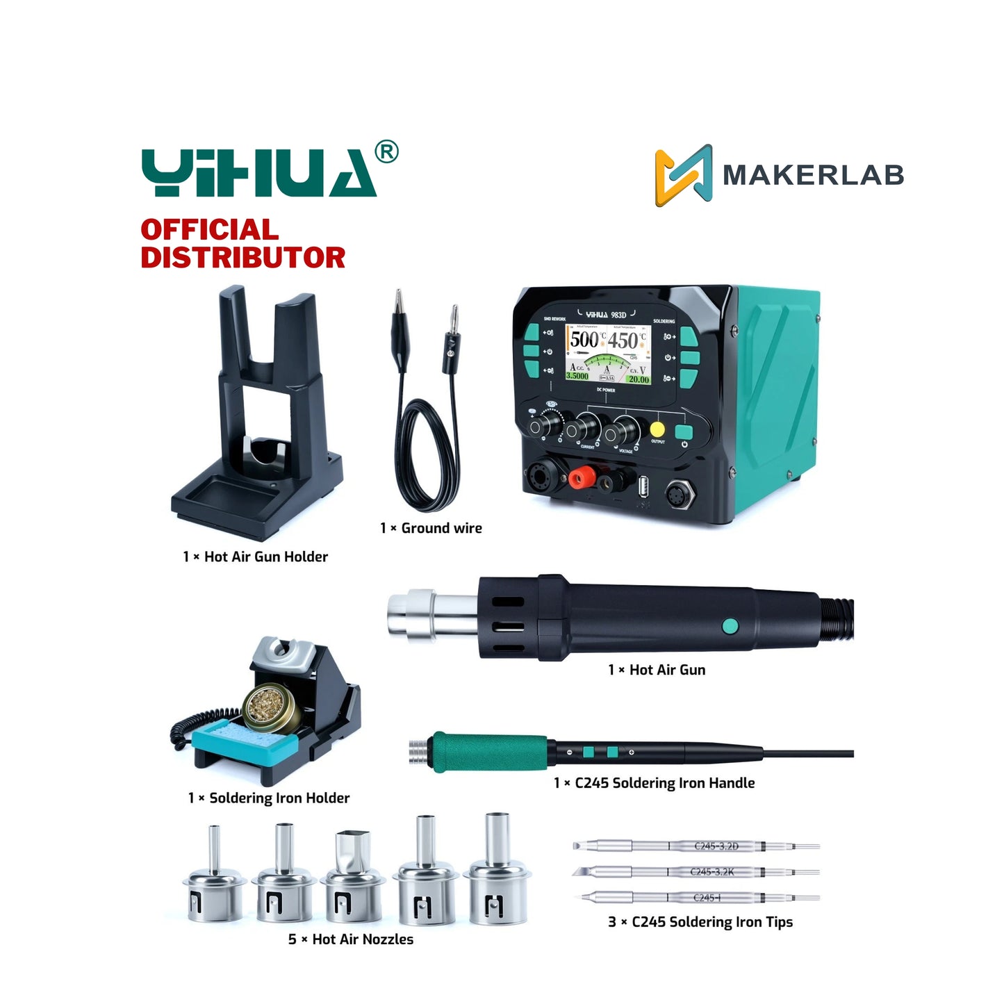 YIHUA 983D Hot Air Gun Handle+ C245+DC Power Supply with USB Fast Charge