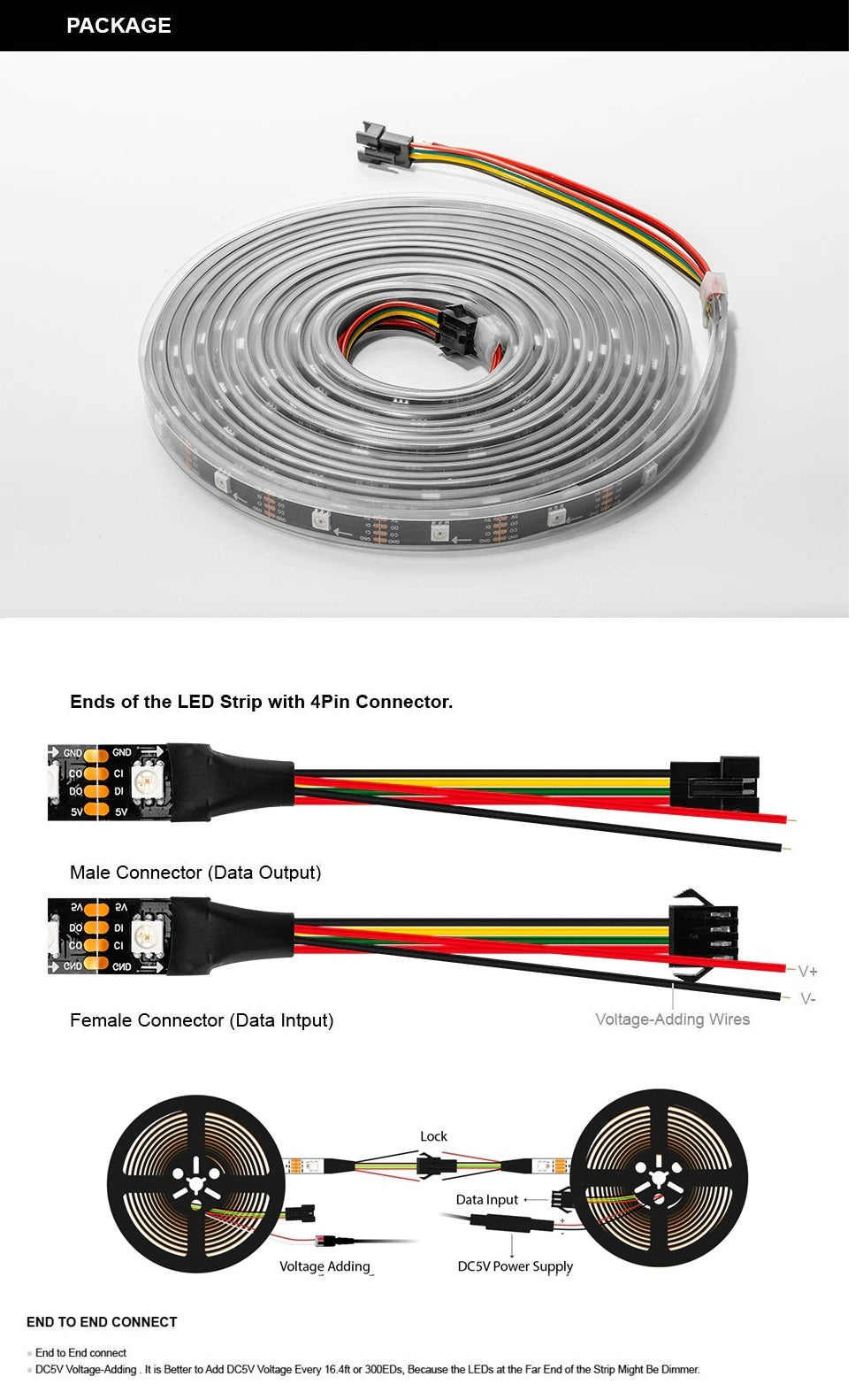 5V SK9822 Neopixel Programmable RGB LED Strip 60 / 144 LEDs/M IP65 IP67 4 wires